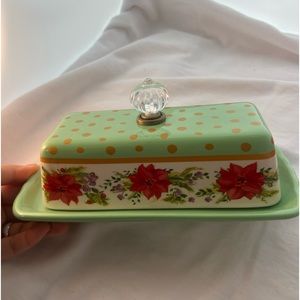 Pioneer Woman Butter Dish Holiday Cheer Poinsettia Mint Green Christmas Gold
